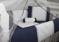 KIT DE BERÇO GLAMOUR 10 PÇS -GUIPIR MARINHO COM BRANCO