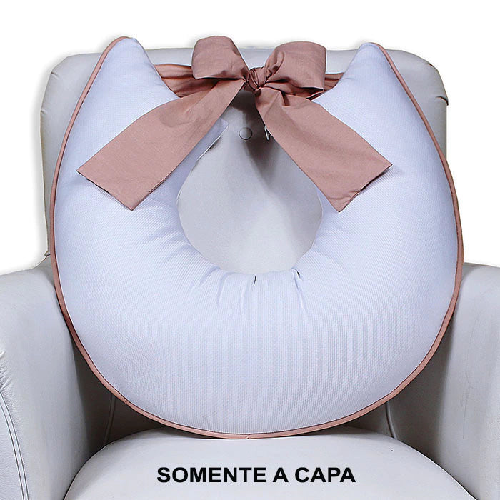 Capa De Almofada Amamentação Piquet Com Laço - Branco Com Nude