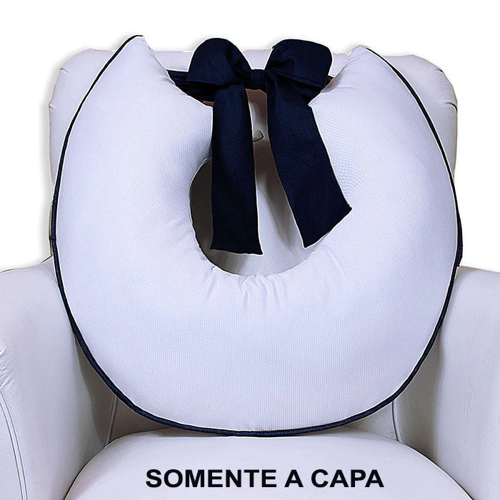Capa De Almofada Amamentação Piquet Com Laço - Branco Com Marinho