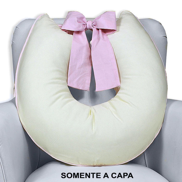 Capa De Almofada Amamentação Piquet Com Laço - Palha Com Rosa