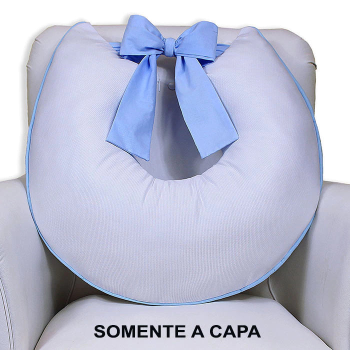 Capa De Almofada Amamentação Piquet Com Laço - Branco Com Azul