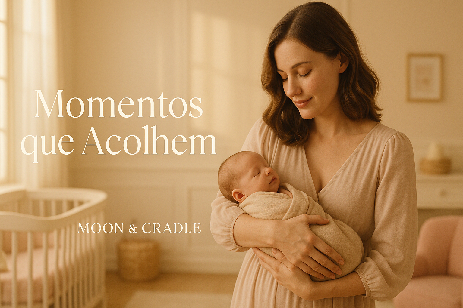 cinematic premium baby store banner, elegant nursery with soft natural light, mother gently holding newborn wrapped in beige fabric, warm pastel tones (beige, blush, ivory), text overlay “Momentos que Acolhem” in elegant serif font, Moon & Cradle branding vibe, minimal luxury aesthetic, mid-page horizontal banner, soft golden lighting, ultra realistic style, professional composition