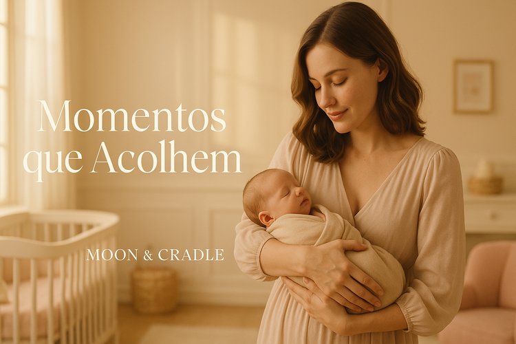 cinematic premium baby store banner, elegant nursery with soft natural light, mother gently holding newborn wrapped in beige fabric, warm pastel tones (beige, blush, ivory), text overlay “Momentos que Acolhem” in elegant serif font, Moon & Cradle branding vibe, minimal luxury aesthetic, mid-page horizontal banner, soft golden lighting, ultra realistic style, professional composition