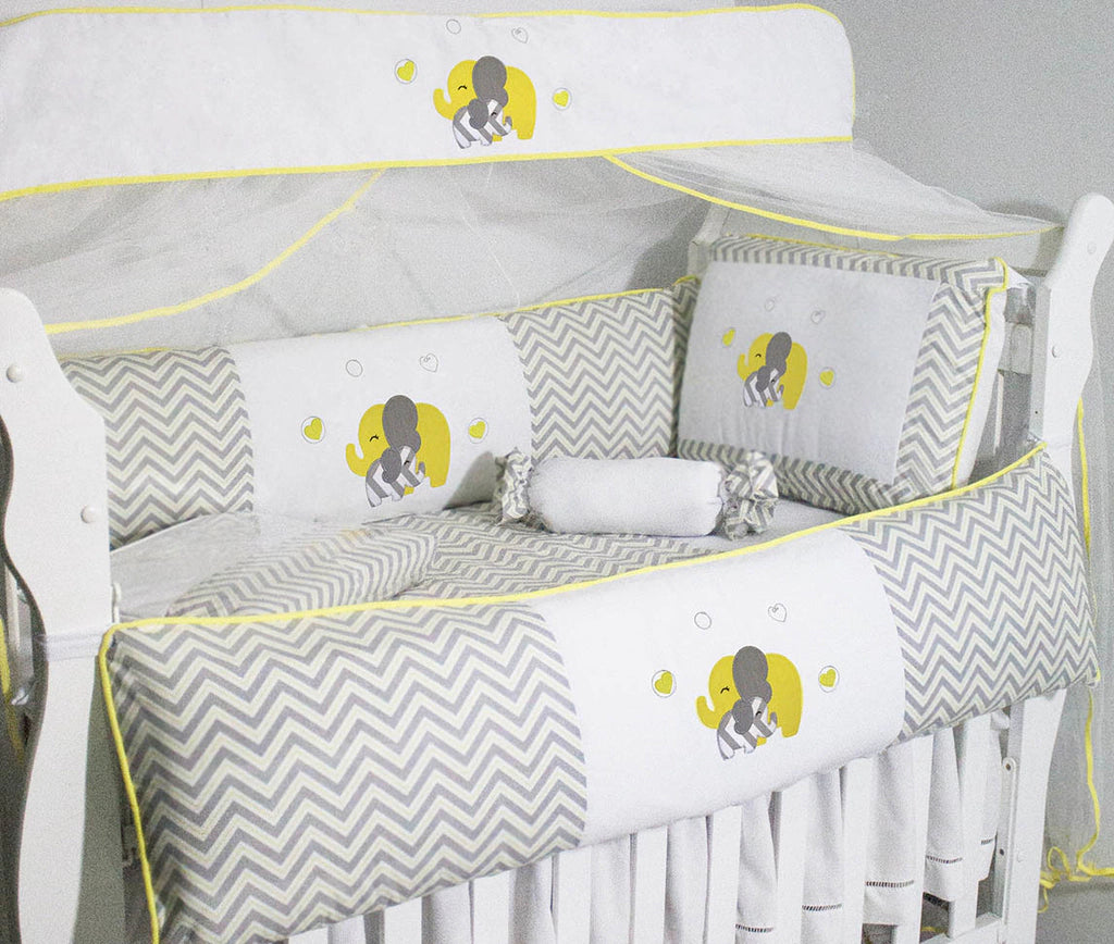 KIT DE BERÇO GLAMOUR 09 PEÇAS - ELEFANTE CHEVRON AMARELO