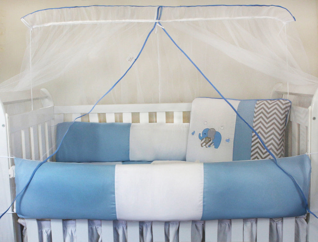 KIT KIDS COM MOSQUITEIRO COMUM 07 PEÇAS - ELEFANTE CHEVRON AZUL