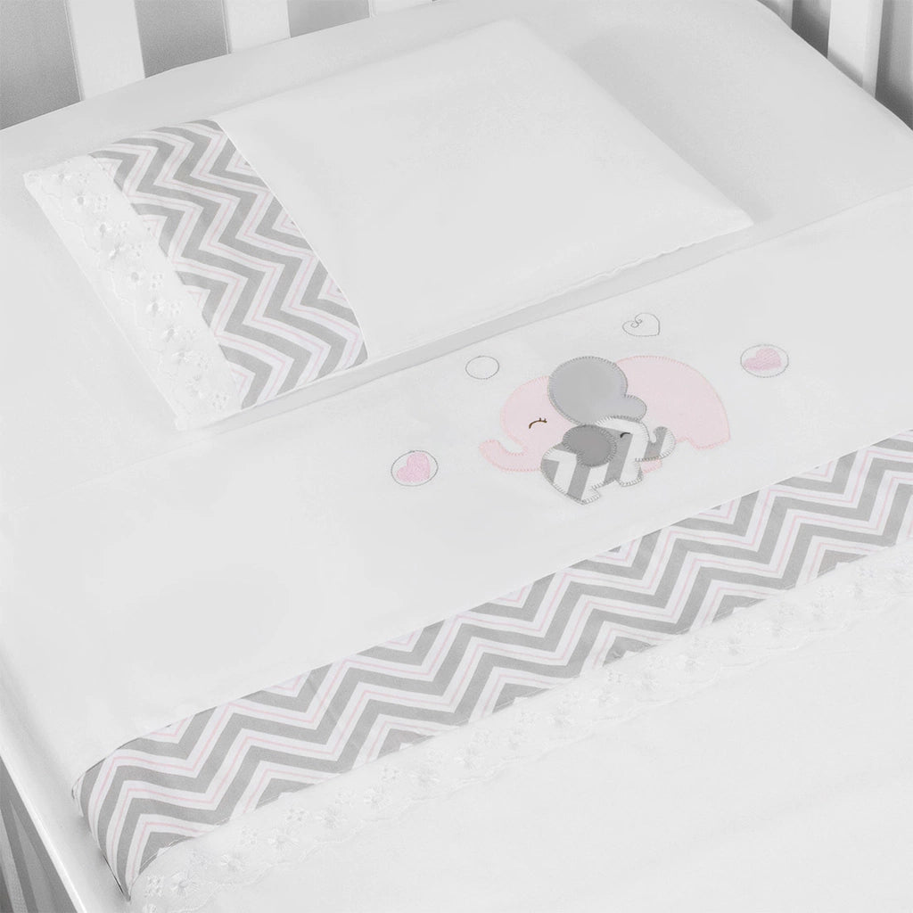 JG. DE LENÇOL AMERIC. 03 PÇS - ELEFANTE CHEVRON ROSA