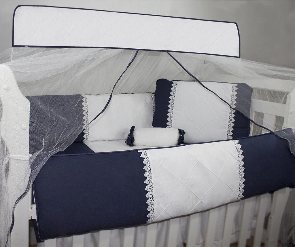 KIT DE BERÇO GLAMOUR 10 PÇS -GUIPIR MARINHO COM BRANCO