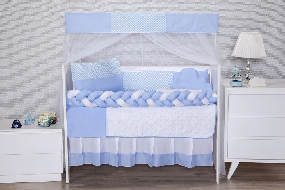 KIT BERÇO AMERICANO 11 PEÇAS CLASSIC MICROFIBRA - ZIG ZAG AZUL BEBÊ