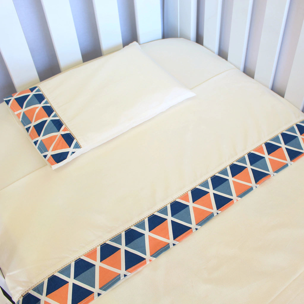 JOGO DE LENÇOL MINI BERÇO 03 PÇS - LOSANGO MARINHO COM LARANJA