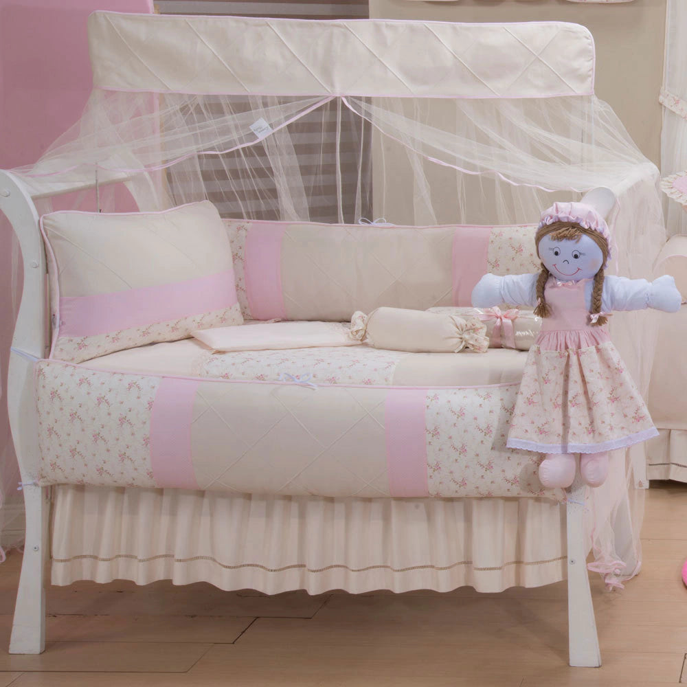 KIT DE BERÇO GLAMOUR 09 PEÇAS - NERVURA FLORAL ROSA