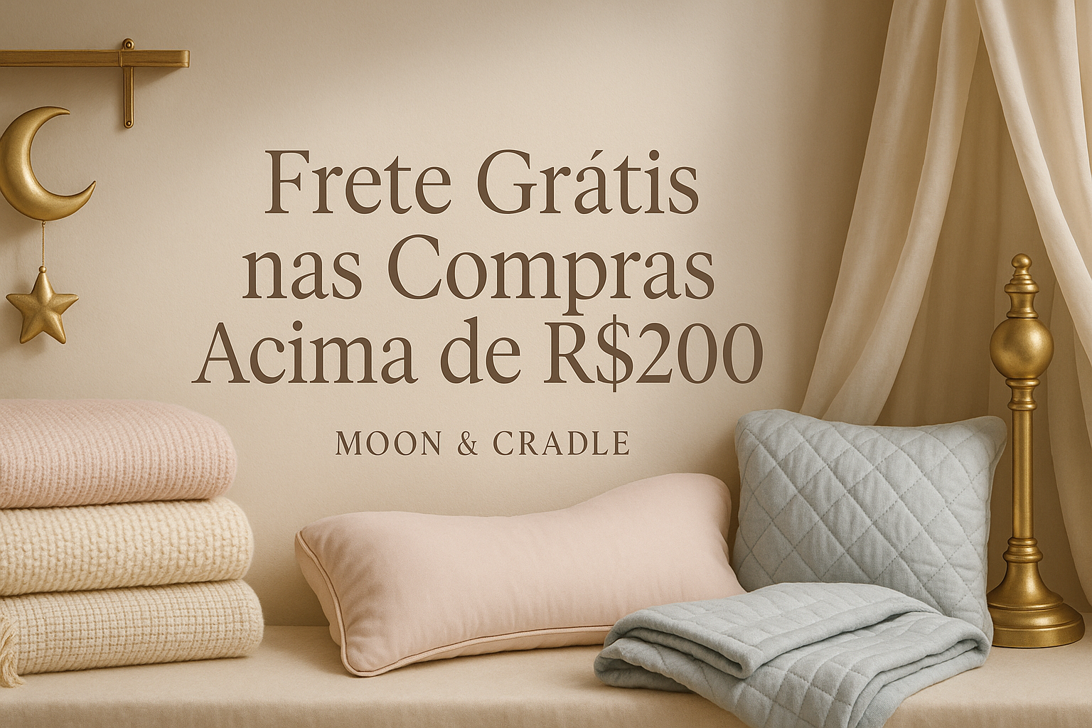 ultra realistic premium baby store banner, elegant soft lighting, luxury nursery elements, beige and pastel tones, delicate fabrics and baby blankets neatly arranged, text overlay “Frete Grátis nas Compras Acima de R$200” in refined serif font, gold accents, cozy minimal composition, sophisticated brand atmosphere, for Moon & Cradle baby store, cinematic product lighting, professional e-commerce banner horizontal layout