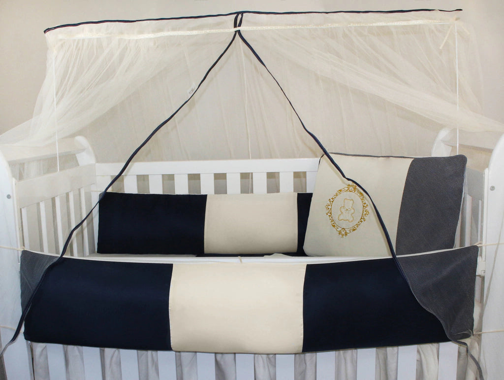 KIT KIDS COM MOSQUITEIRO COMUM 07 PEÇAS - URSO ARABESCO MARINHO COM CAQUI