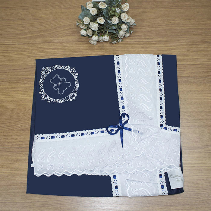 MANTA DE PIQUET C/ LASIE 100% ALGODÃO - URSO ARABESCO MARINHO